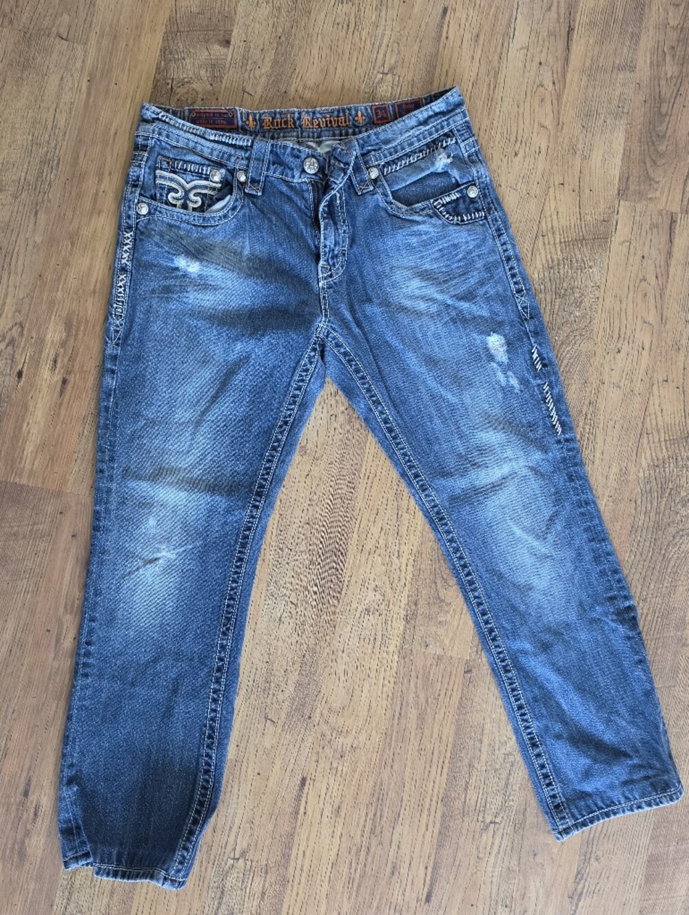 Rock Revival Men's Fleur de Lis Straight Jeans | Size 34 | Medium Wash